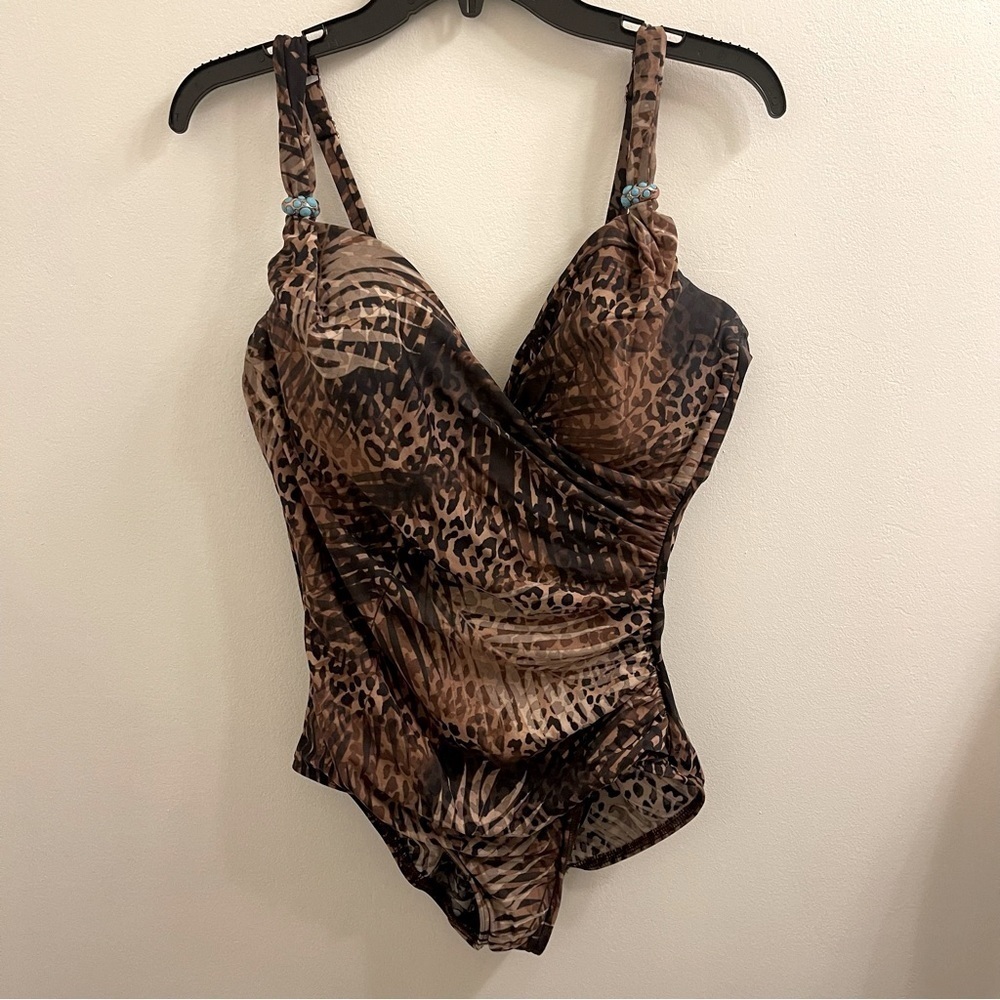 Miraclesuit Brown Tigris Siren One Piece Swimsuit Women's Sz 12 Underwire